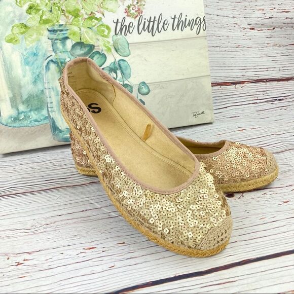 SO Round Toe Ballet Flats Sequin Espadrille Blush Gold Size 8 - Picture 1 of 9